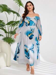 Modelyn Plus Size Off-Shoulder Long Sleeve Color Blocking Summer Dresses For Women - Green - View 3