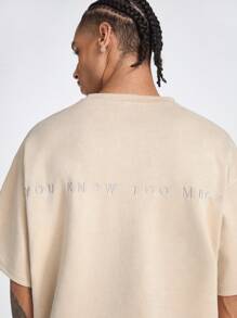 Manfinity VCAY 男士寬鬆圓領短袖T恤，繡有英文字母，適合夏季 - 杏色 - 查看 2