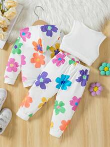 Baby Girls Solid Tank Top & Floral Print Hoodie & Sweatpants For Spring & Autumn
