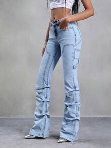 Jeanoix Pantalones vaqueros acampanados de tiro alto con pliegues, de estilo vintage, con bolsillos, para mujer - Lavado ligero - Ver 5