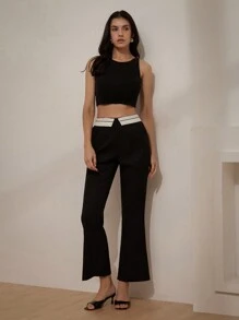 GENKIRA Flared Hem Horseshoe Design Foldable Waist Trousers Pants With A Chic Look Fall Cloth For Women - Black - View 1