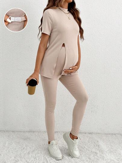 SHEIN Maternity Daily Casual Wear, 2pcs Ribbed Stand Collar Top With Split Hem Pants, Solid Color Slim Fit