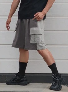 DAZY 男士夏季對比色束腰工作服口袋短褲 - 灰色 - 查看 8