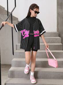 3pcs/Set Tween Girl Loose Black And White Striped Vest,  Half High-Neck Short Cardigan & Cycling Shorts With Printed Patterns - Black - View 3