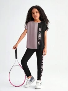 SHEIN Conjunto de dos piezas para niña preadolescente compuesto por camiseta de manga corta tejida con bloque de color y letra impresa y pantalones largos deportivos para el ocio - Púrpura polvoriento - Ver 11