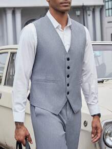 Manfinity Bizformal Men Solid V Neck Button Front Waistcoat - Grey - View 3