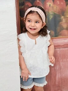 Blusa con volantes y bordado de ojales para bebé niña con cuello en V - Blanco - Ver 5