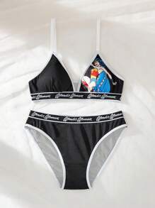 DC Women Core X SHEIN Women's Black Printed Letter Graphic Contrast Binding Bra & Panty Set Lingerie Set Sports - Multicolor - View 1