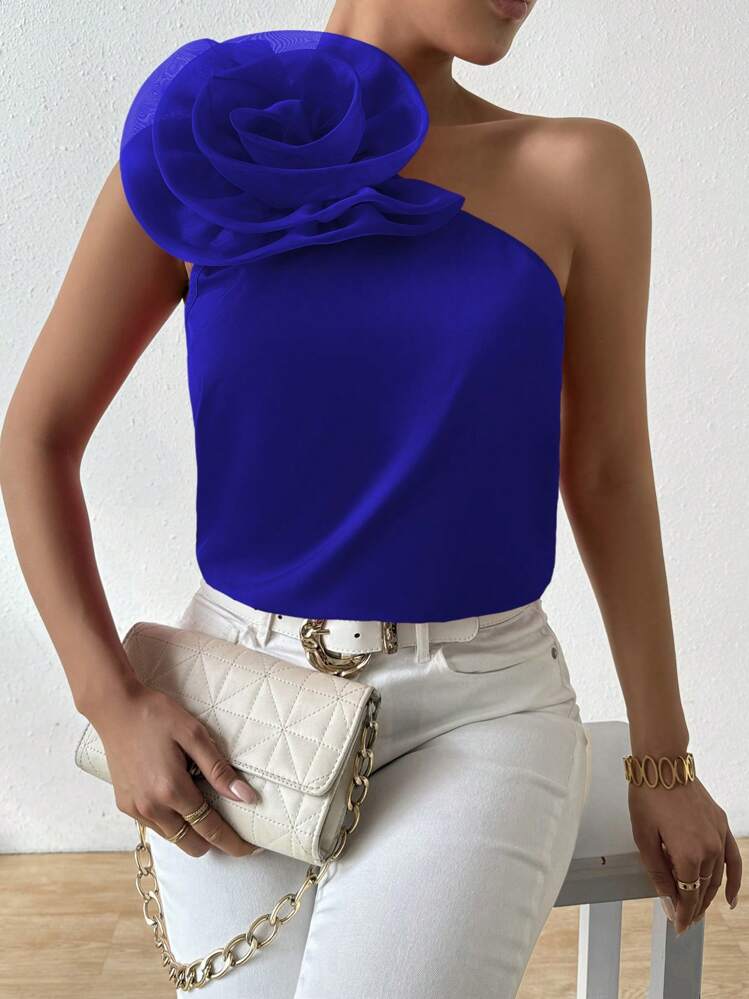 SHEIN ChicEase One-Shoulder 3D Floral Women's Blouse One Shoulder Top - Royal Blue - View 6