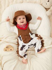 SHEIN Newborn Baby Boy/Girl Persoplay 3-Piece Western Cow Printed Romper Set With Suspenders And Brown Suede Cowboy Hat, Paired With Peru Geometric Printed Scarf, Exuding Wildness And Cuteness - Multicolor - View 3