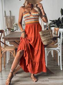 Breezaya 大碼細肩帶褶皺拼接洋裝 - 鏽棕色 - 查看 7