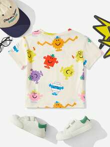 Mr Men Little Miss X SHEIN 年輕男孩多巴胺五彩卡通印花休閒圓領下墜肩短袖TEE - 杏色 - 查看 2