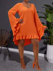 Maweii Plus Extra-Long Sleeve Flare Sleeve Ruffle Hem Dress Fall Cloth For Women