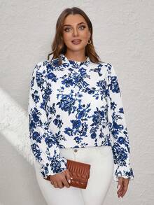 SHEIN Clasi Summer Stand Collar Long Sleeve Shirt For Plus Size - Blue and White - View 6