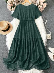 SHEIN LUNE Váy mùa hè in hoa cỡ lớn có viền nhún bèo và cổ chữ V dành cho nữ - màu xanh lá - Xem 2