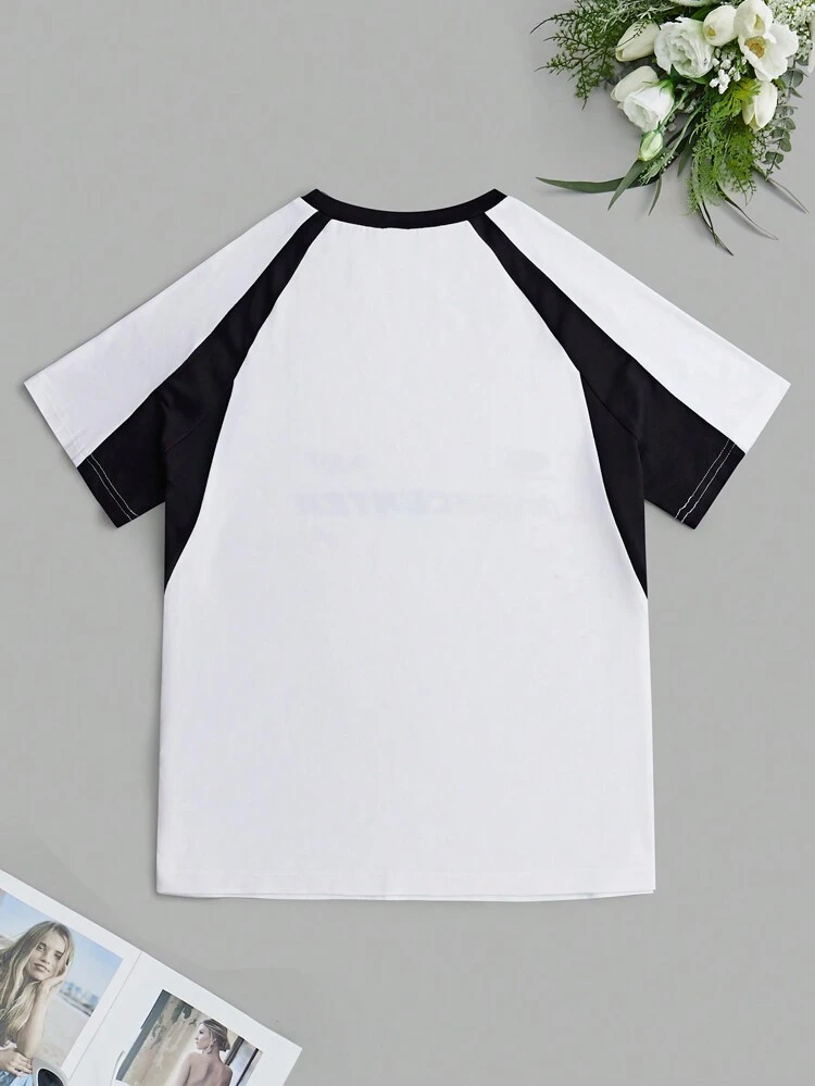 Women's Black And White Color Block Patchwork Front Printed T-Shirt