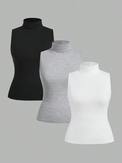 Sunspun Plus Size Multiple Piece Set Of Casual Solid Color High Neck Sleeveless Tank Top