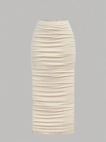 SHEIN Girlism 少女杏色和乳白色抹胸上衣褶皱上衣和下摆针织半裙休闲基础款两件套 - 杏色 - 查看 5