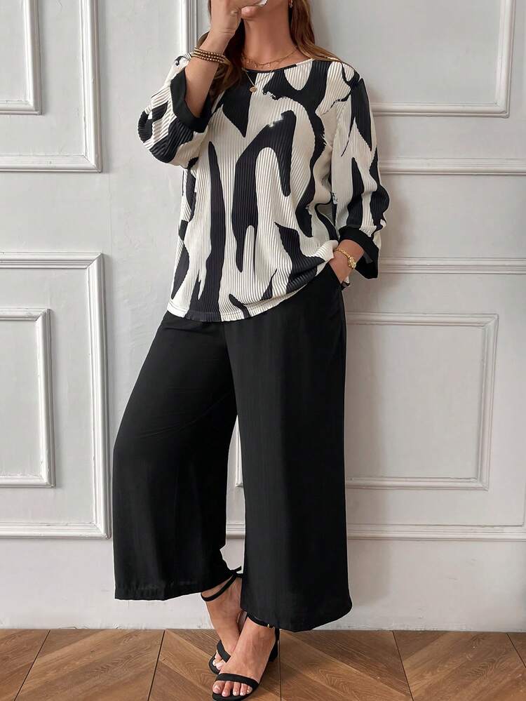 Plus Graphic Print Blouse & Wide Leg Pants For Dailywear