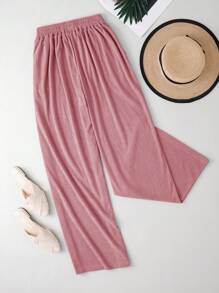 SHEIN 固色褶皺休閒寬褲，適用於日常穿著 - 粉色 - 查看 2