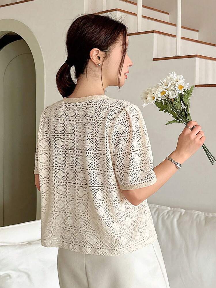 Lace Round Neck Women's Solid Color Simple Daily Top Sheer