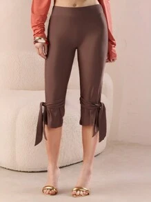 COSMINA Solid Knot Hem Capri Leggings For Dailywear - Brown - View 1