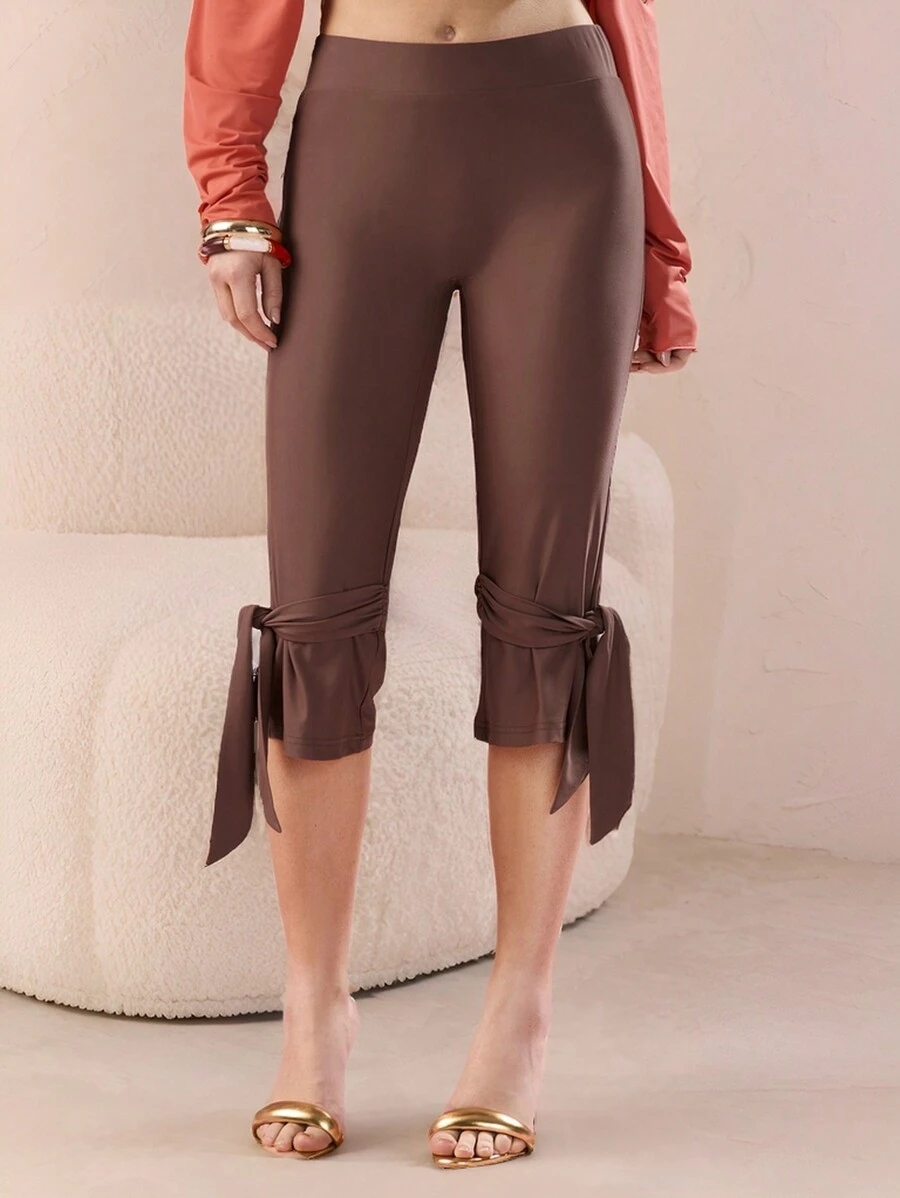 COSMINA Solid Knot Hem Capri Leggings For Dailywear - Brown - View 1