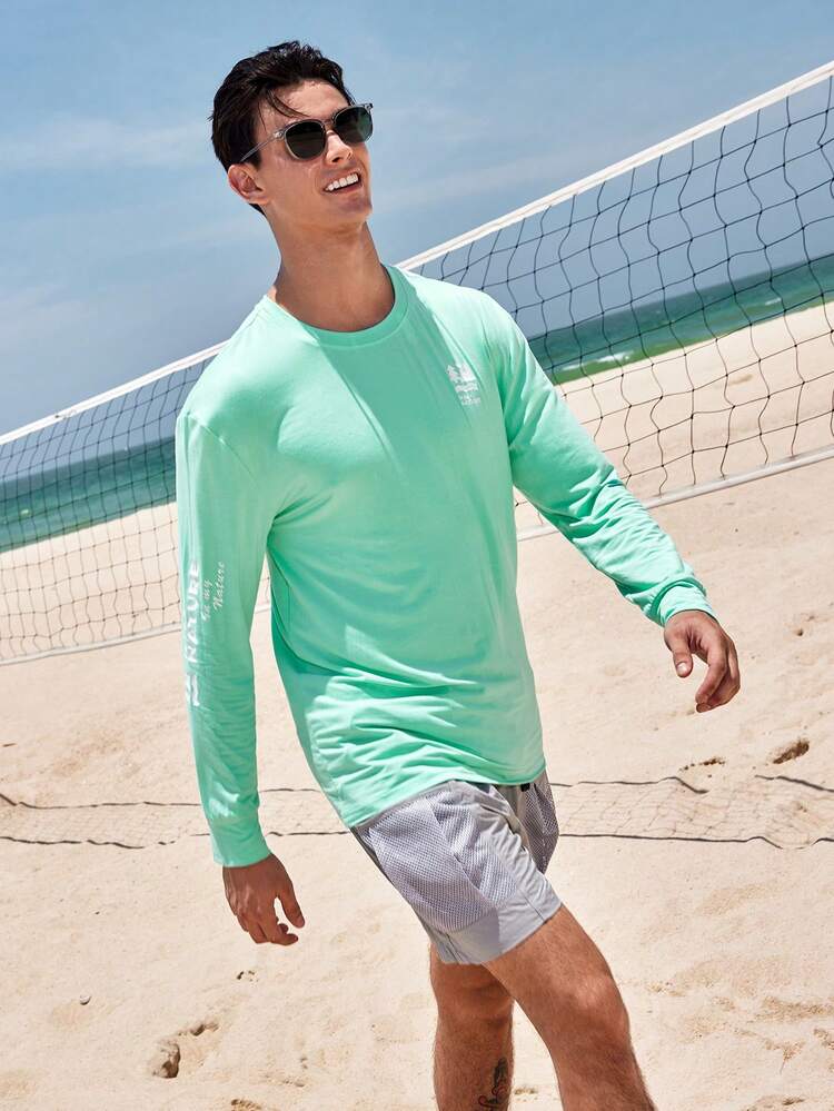 In My Nature 男士的素淨簡約日常長袖戶外T恤 - 青碧色 - 查看 8