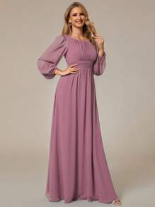Elegant Chiffon Round Neck Lantern Sleeve Long Sleeve Light Pink Bridesmaid Dress, Suitable For Special Occasions, Galas, Wedding Guests, Etc., Winter Women's Clothing - Dusty Pink - View 6