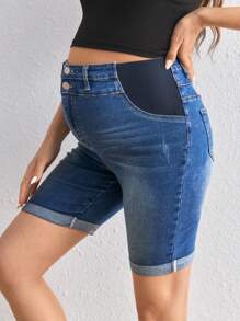 SHEIN Maternity Skinny Stretch Denim Capri Shorts With Rolled Hem, Blue - Blue - View 4