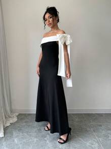 Rafferiza 黑白撞色优雅派对长款女式连衣裙 - 黑與白 - 查看 6