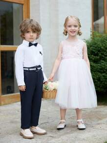 SHEIN Young Boy Gentleman 2pcs Striped Blue Long Sleeve Shirt And Suit Trousers With Belt,Summer Traditional Wedding Birthday Party Evening Performance Set - White - View 5