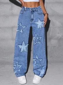 SHEIN ICON Jeans rectos bordados lavados, ropa diaria de moda - Azul lavado medio - Ver 1
