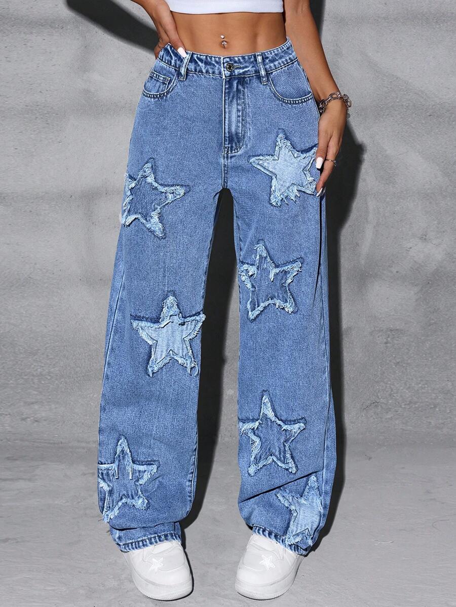 SHEIN ICON Jeans rectos bordados lavados, ropa diaria de moda - Azul lavado medio - Ver 1