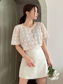 DAZY Lace Round Neck Women's Solid Color Simple Daily Top Sheer - Apricot - View 5