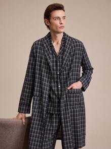 EverLounge Men's Plaid Front Button Lapel Collar Robe - Black - View 5