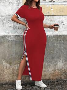 Calvaya Gestreiftes Kurzarm Bodycon-Kleid mit Schlitz-Saum in Große Größen für den Sommer, Neujahrskleider Maxi Outfit für Frauen