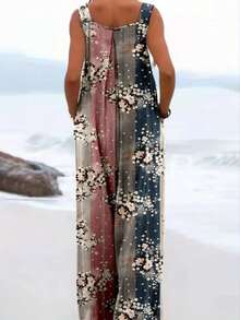 花卉方领阔腿无袖连体裤，休闲春夏装 - 彩色 - 查看 3