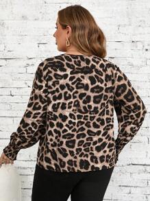 SHEIN Clasi Plus Size Leopard Print V-Neck Long Sleeve Women's Shirt - Khaki - View 2