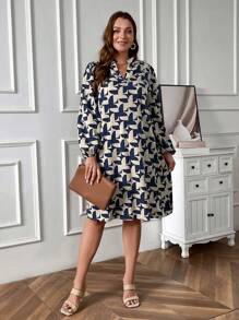 EMERY ROSE Plus Size Colorblocked V-Neck Lantern Sleeve Summer Dress For Women,Spring/Vacation - Multicolor - View 3