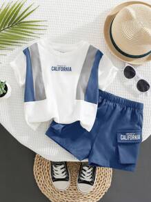 SHEIN Baby Jungen Lässig Set aus Rundhals-Farbblock Kurzarm T-Shirt mit Buchstaben Muster und Shorts