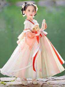 Young Girl Floral Appliques Ruffle Trim Hanfu Dress - Orange - View 4