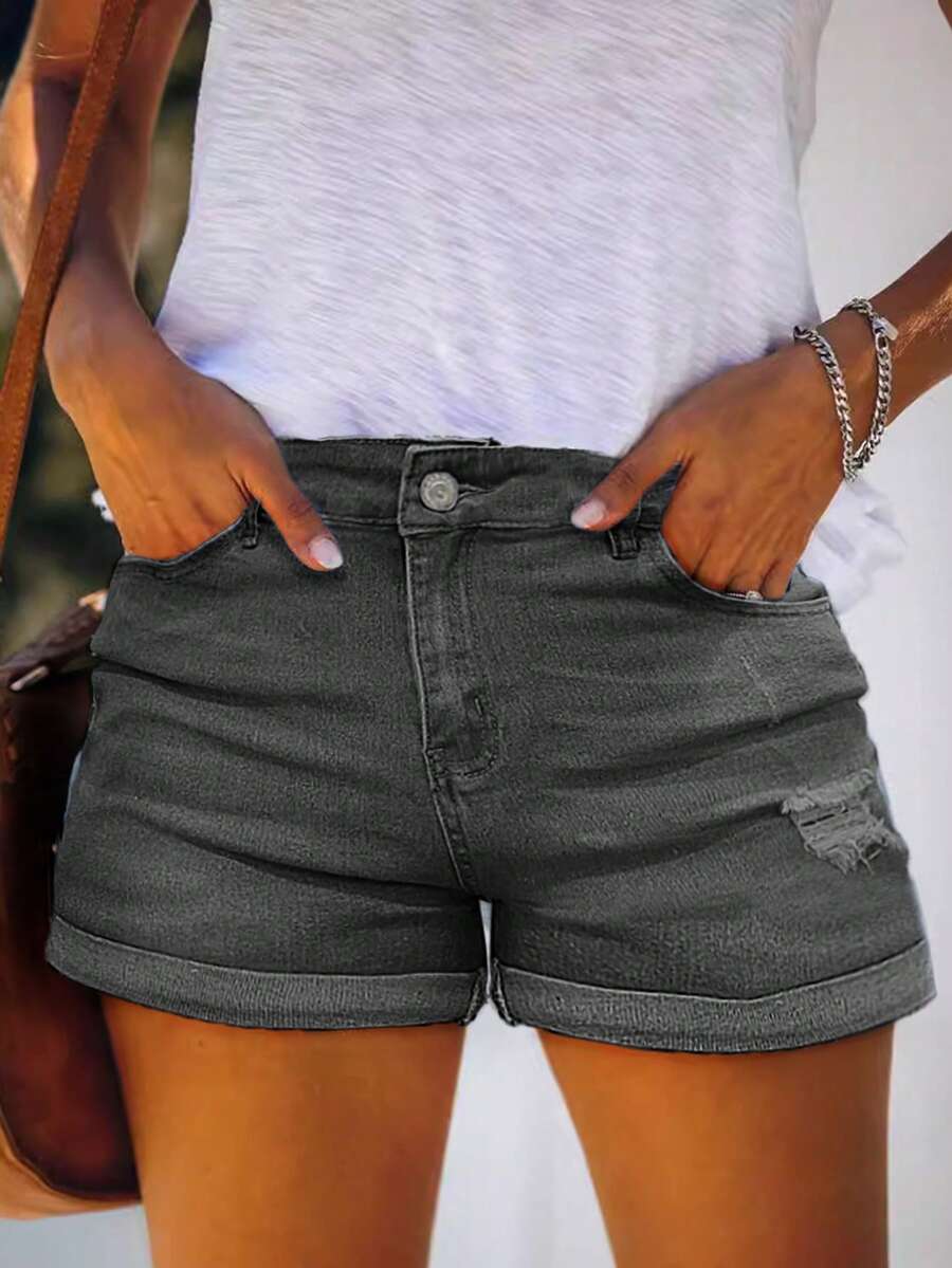女士纯色简约破洞牛仔短裤，休闲日常穿着 - 灰色 - 查看 1
