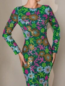 Đầm dạ hội dài tay in họa tiết ngẫu nhiên dành cho nữ (họa tiết hoa không theo bố cục), đầm dự tiệc, đầm cưới, đầm dạ hội, đầm nghỉ xuân. - màu xanh lá - Xem 5