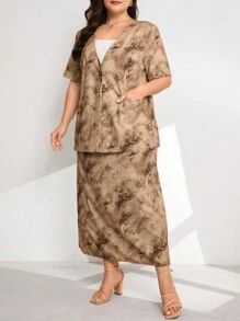 Mulvari Conjunto de 2 piezas con chaqueta y falda de tela efecto tie-dye con bolsillos duales en talla grande