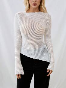 SHEIN Essnce Damski T-shirt z długim rękawem w kolorze kości słoniowej i asymetrycznej fakturze