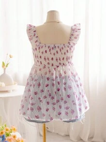 Soleia Áo sơ mi có họa tiết hoa màu xanh và trắng có eo đàn hồi và đường viền xù, áo đi nghỉ lãng mạn dành cho phụ nữ ngoại cỡ - Màu tím hoa cà - Xem 2