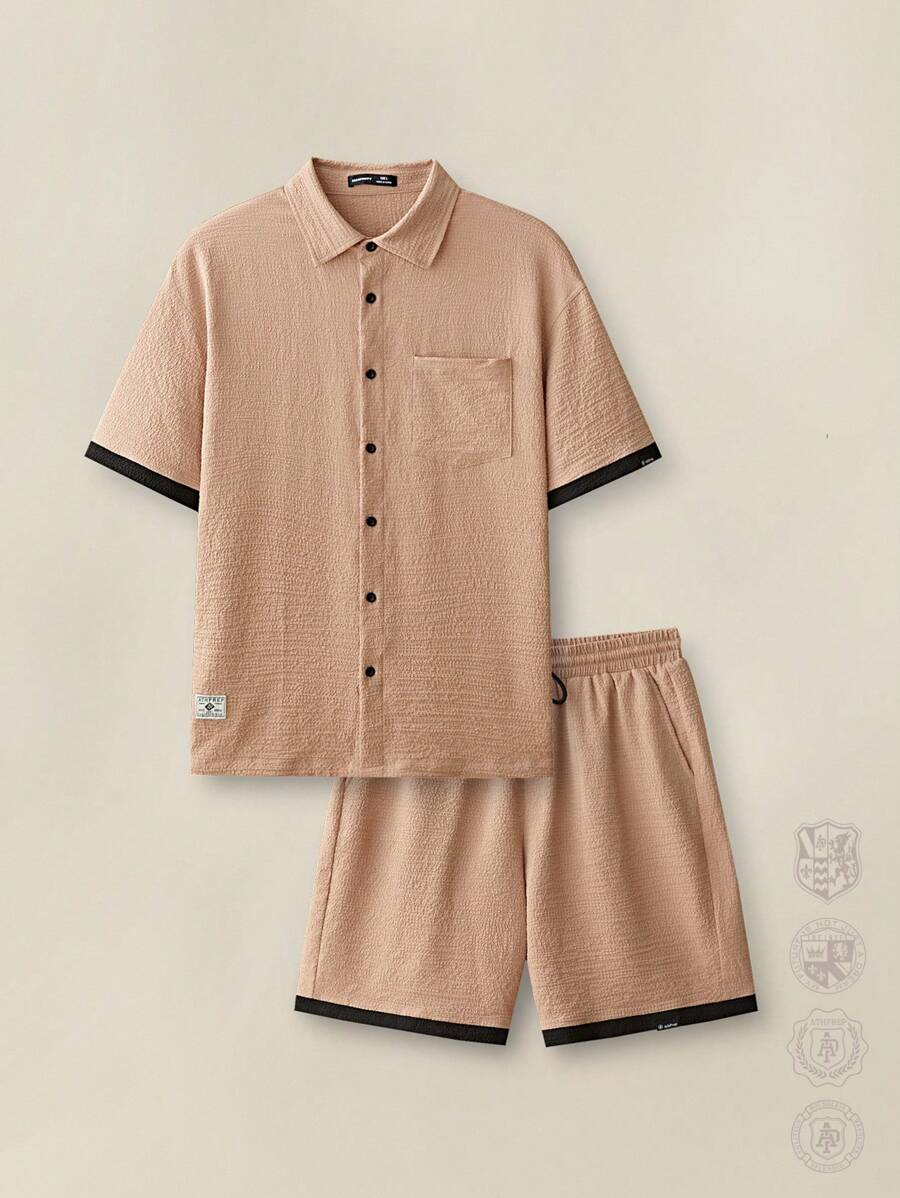 Manfinity VCAY Bộ áo sơ mi dệt tay ngắn dáng rộng cho nam, hoàn hảo cho mùa hè đi học - Màu Khaki - Xem 1