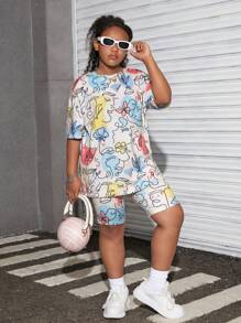 SHEIN 青少女加大尺寸通勤休閒針織圓領短袖短褲套裝，春夏季