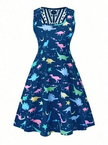 SHEIN LUNE Vestido veraniego sin mangas para mujer de talla grande con cuello cuadrado y estampado floral en toda la prenda - Azul - Ver 1